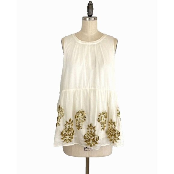 Maeve Anthropologie Simona Top Sm Sequined Cut Out Babydoll Blouse Ivory Gold - Picture 4 of 12